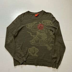 Hugo Boss Waso Dragon Oriental Embroidered Frayed Olive Pullover Crew Sweater